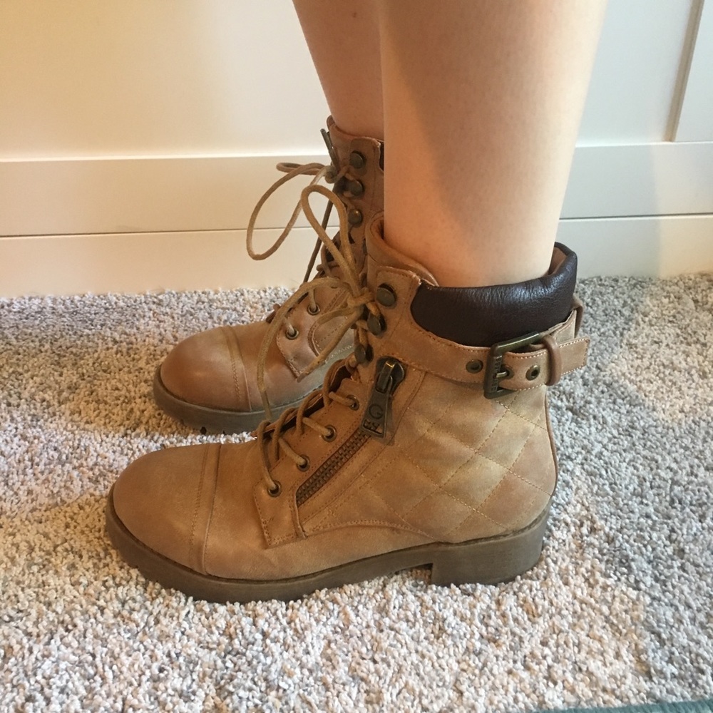 Brown faux leather combat boots